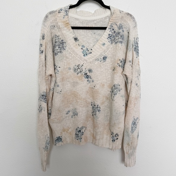 Anthropologie Pilcro Slouchy V-Neck Sweater Ivory Floral Bohemian Oversized - Picture 5 of 13